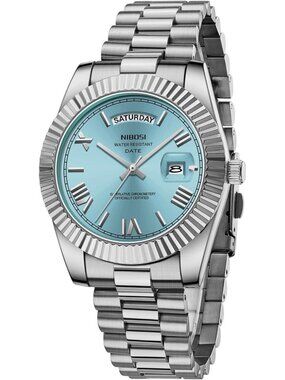 Nibosi Men's Silver Mint Blue Analog Quartz Stainless Waterproof Desiger Watch